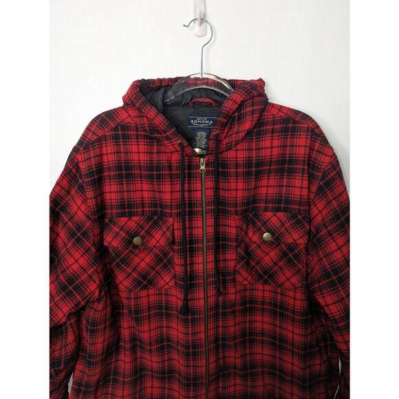 Vintage 90's Y2K Sonoma Red Black Plaid Hooded Shacket Jacket Zip Fully Lined - Picture 3 of 7